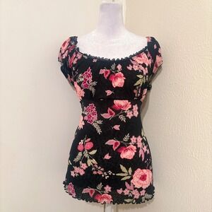 Vtg 90s Y2K Black Pink Floral Babydoll Milkmaid Lace Trim Tie Back Top Sz M/L